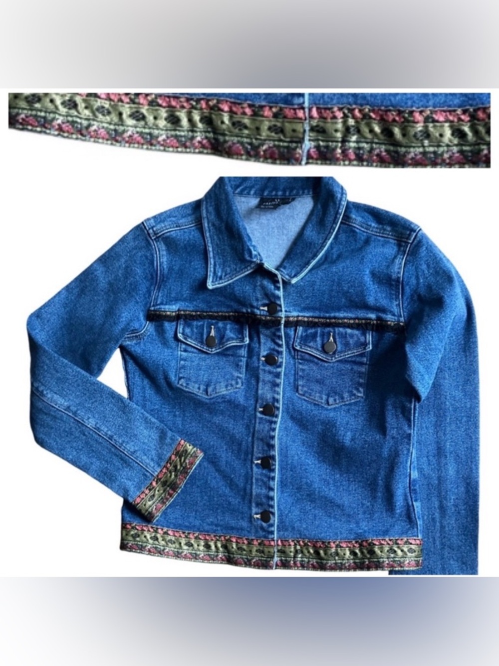 Carole Little Sport Petites Floral Embroidered Ribbon Blue Jean Jacket Size 10